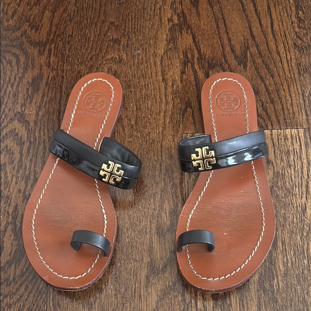 Tory Burch Black and Tan Slide Sandals